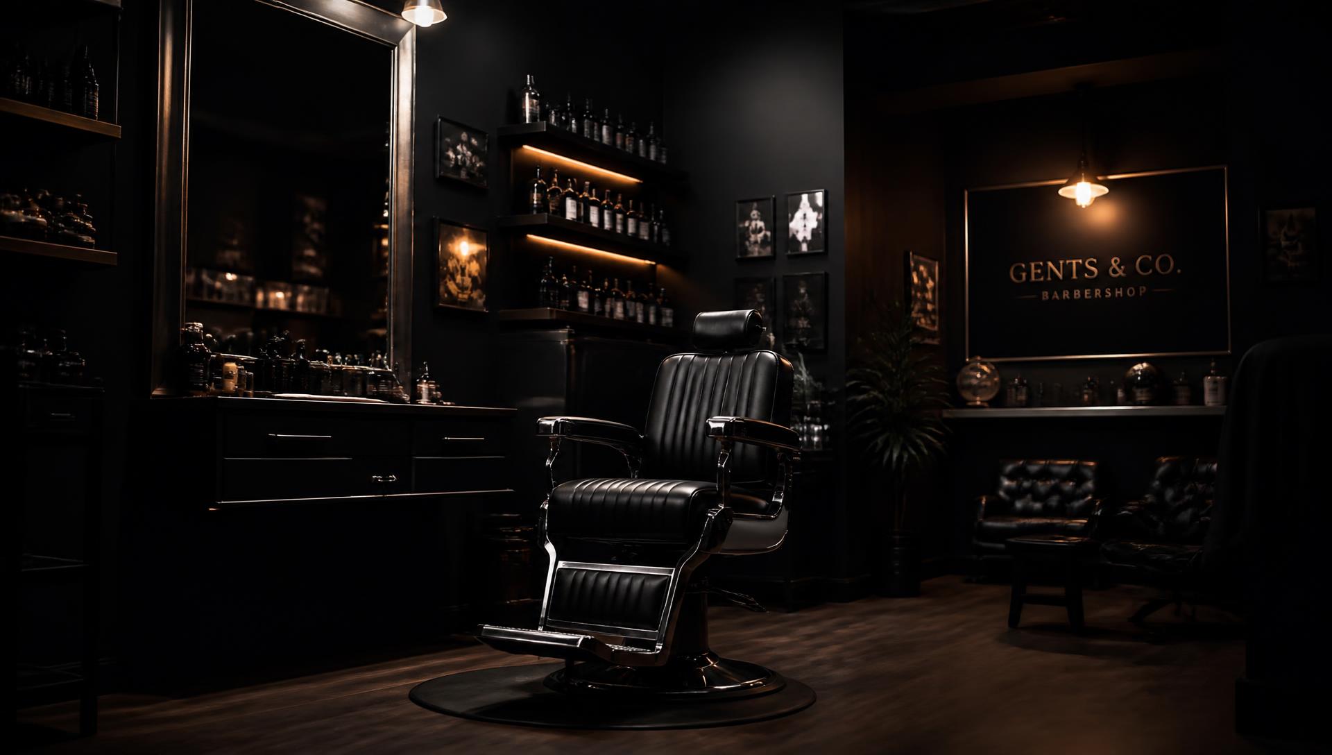 Interior da barbearia com iluminação dourada e cadeira de barbeiro
